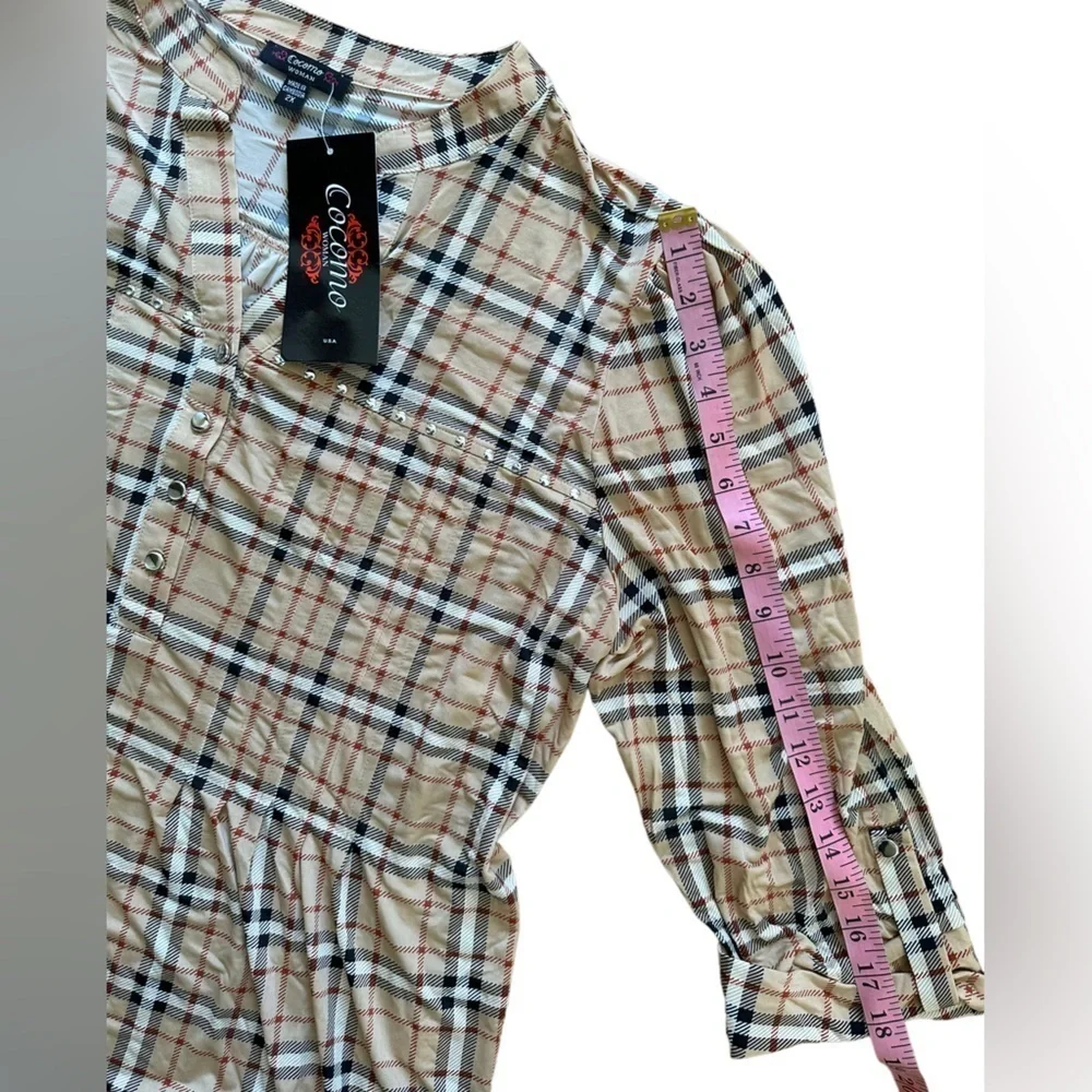 COCOMO 2X Beige Red Black Studded Plus Size 3/4 sleeve women’s Pintuck B… - Picture 9 of 10